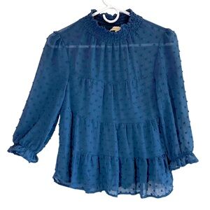 Monteau LA Womens Blouse Top S Ruffles Puff Sleeves Semi Sheer Lined Blue